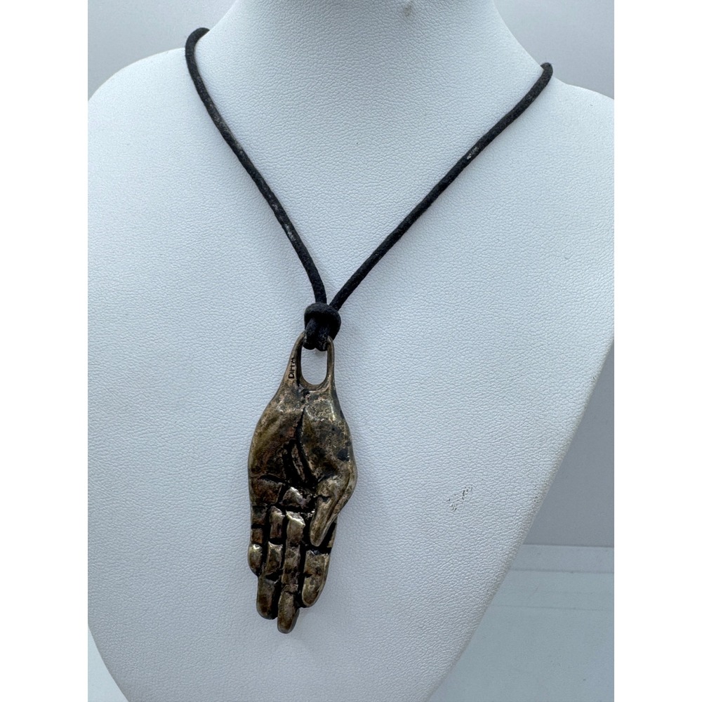 Hand Pendant Necklace Black Cord Adjustable Edgy Boho Bronze Artistic